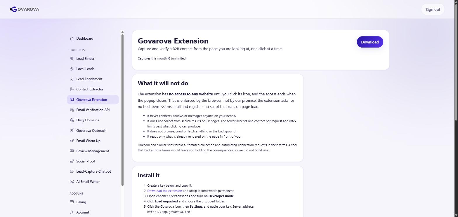 The Govarova Extension page, listing what the extension will not do