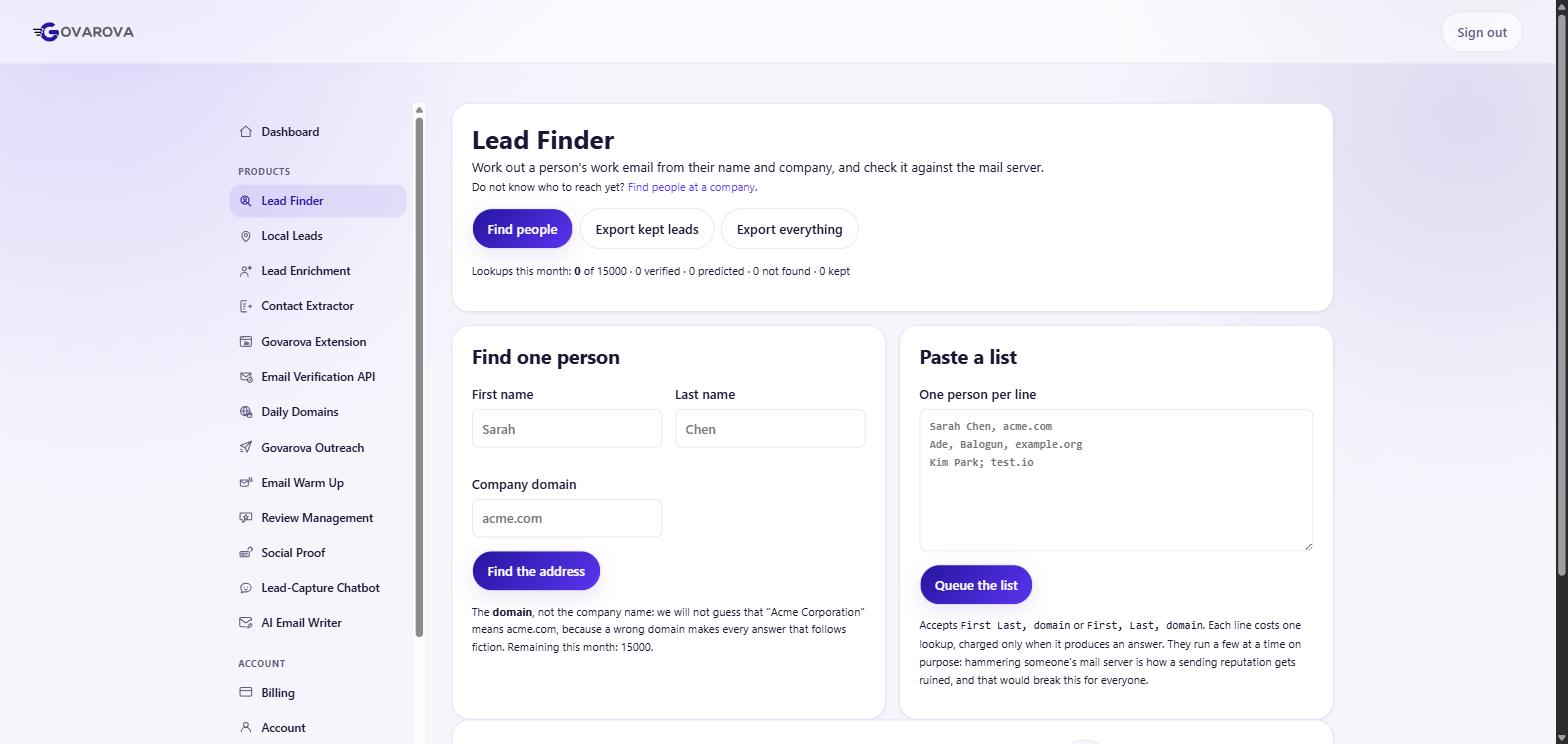 Lead Finder, with a single lookup on the left and a pasted list on the right