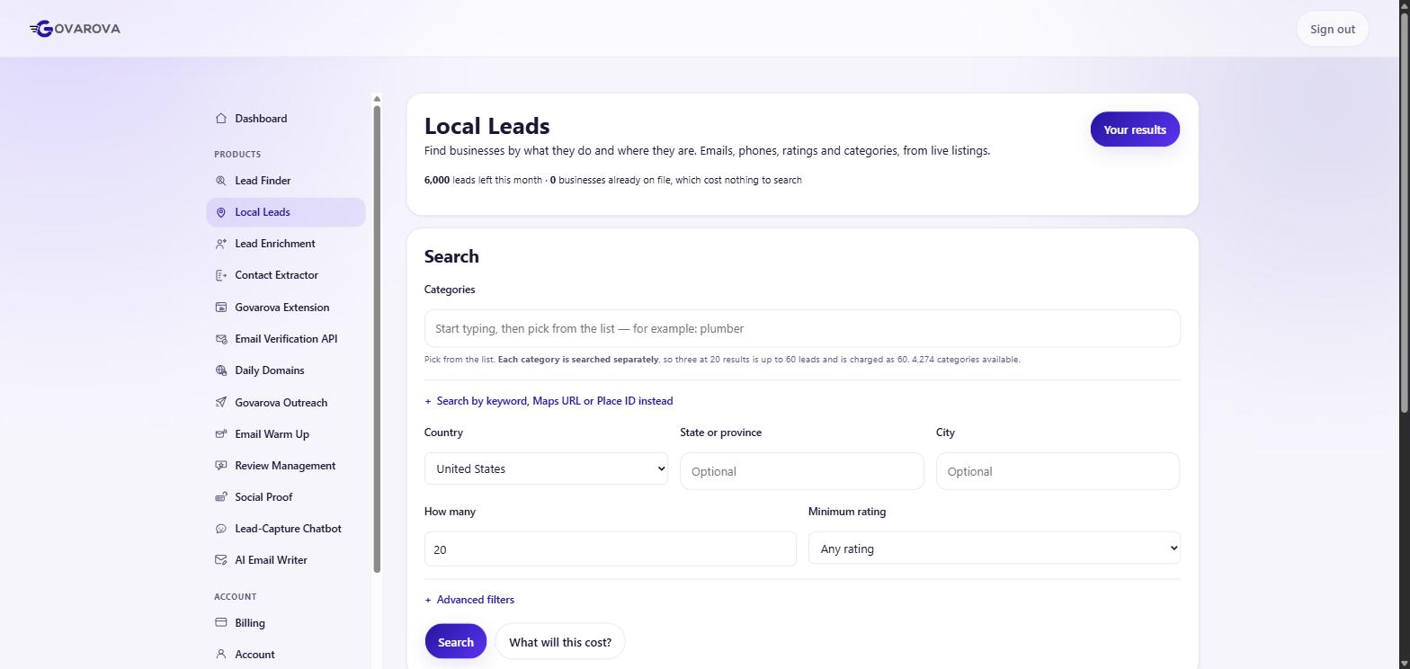 The Local Leads search screen, with a category, a country and a result count