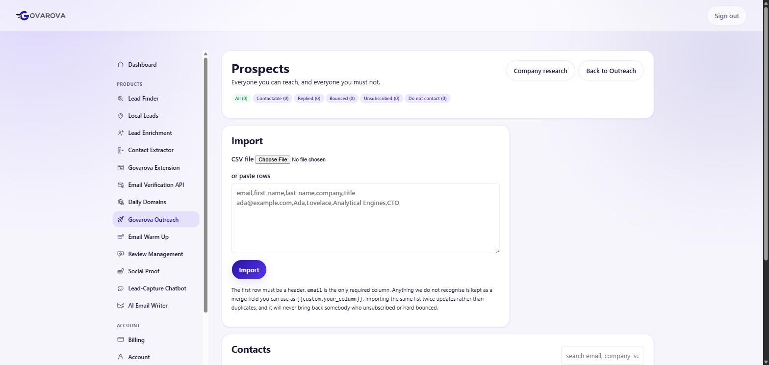 The Prospects screen, with CSV import and the contactable / replied / bounced filters