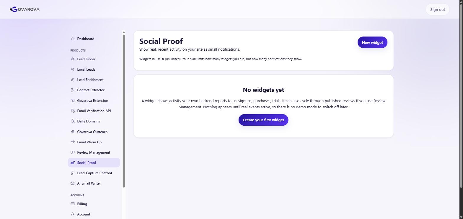 The Social Proof screen before any widget exists