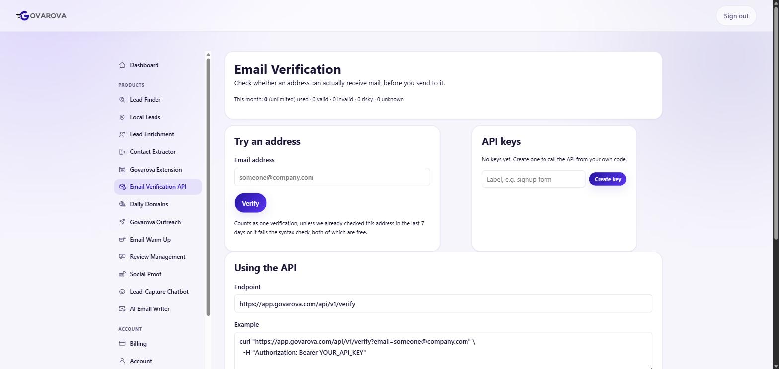 Email Verification, with a single address to try and the API key panel